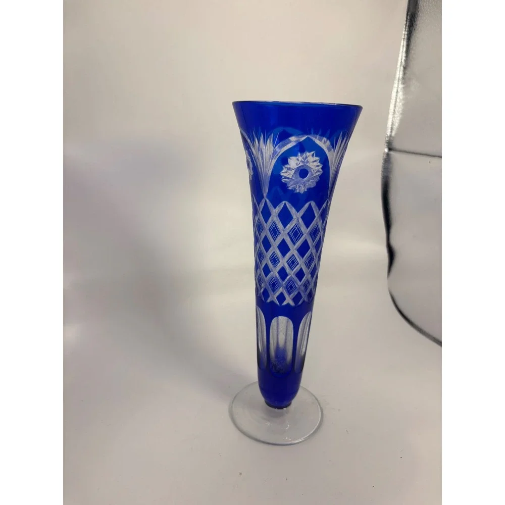 Edo Kiriko Japanese Cut Glass Flower Vessel Cobalt Blue Trumpet Vase‎ Japan